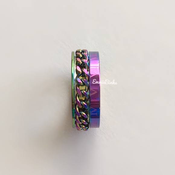 NEW SIZES 8mm Oil Slick Chain Spinner Ring Unisex Stainless Steel Roman Numerals - Picture 10 of 16